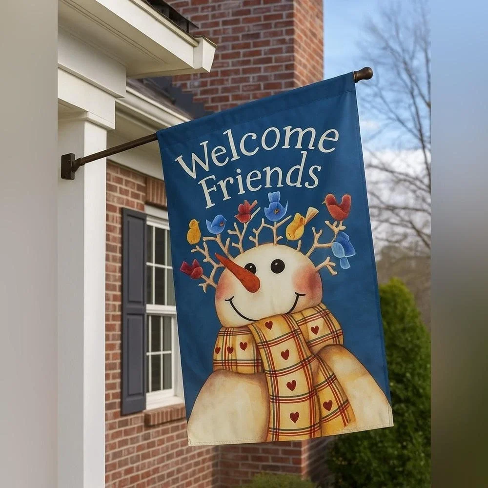 Custom Decor Mary Ann June Welcome Friends Oversized Snowman Flag 39x28‎